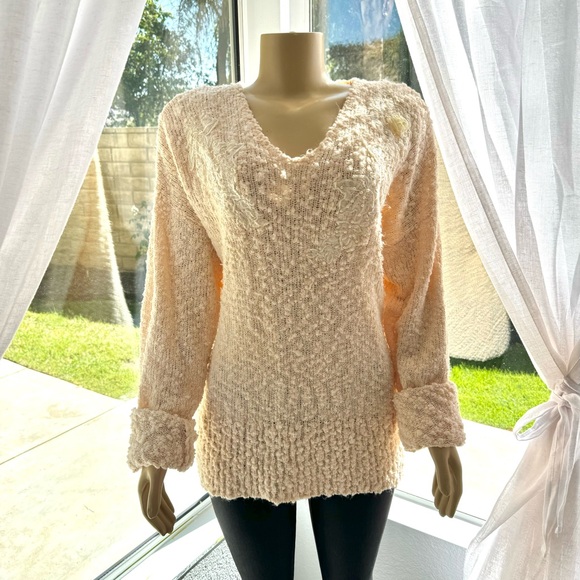 Oriana Sweaters - 1990s Vintage Oriana Italia Blush Knit Sweater Size S Small Beaded